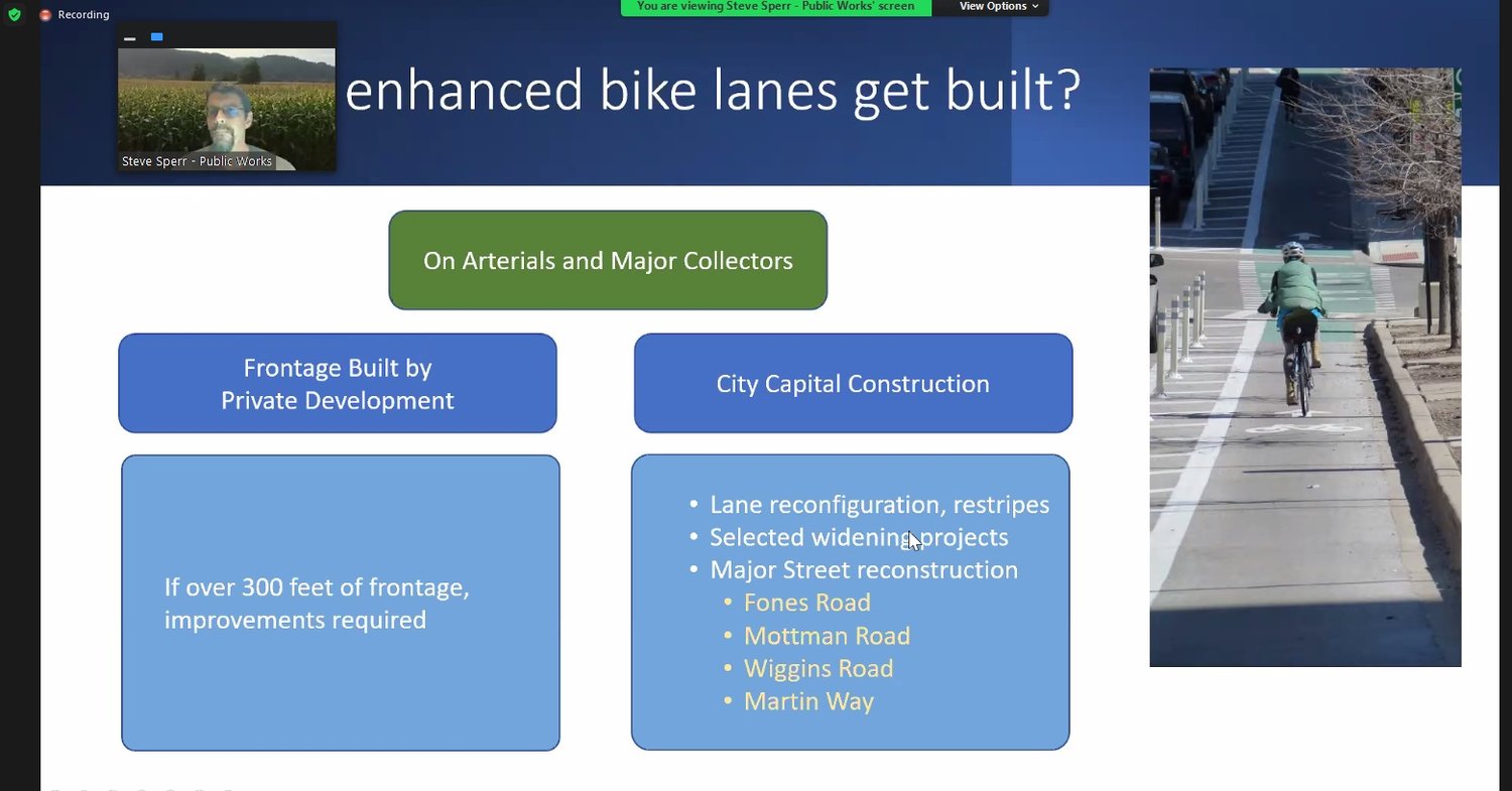 At the Land Use and Environment Committee meeting held on September 15, 2022, Interim Public Transportation Director Sophie Stimson said one of the developments included in the Engineering and Design Development Standards update is the development of enhanced bike lanes on streets.